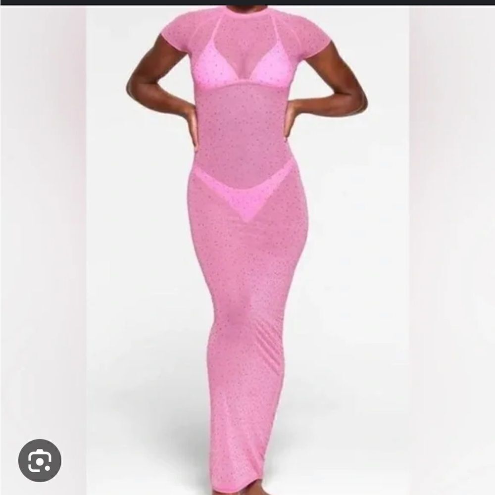 NWT SKIMS Mesh Rhinestone Long Dress Pink TAFFY XXS
